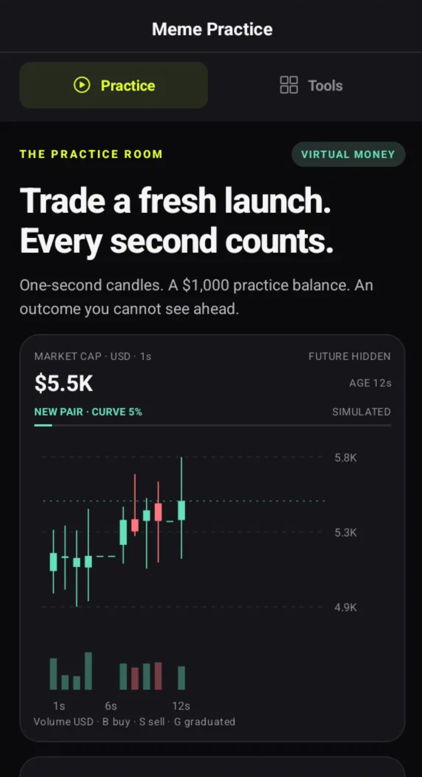 Meme Practice screen showing a simulated launch chart, virtual money and a hidden future