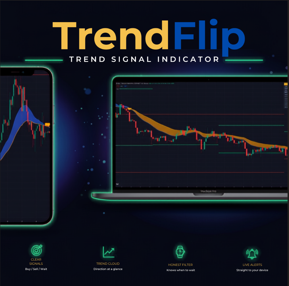 TrendFlip trend signal indicator shown on phone and laptop charts, with trend cloud and live alerts